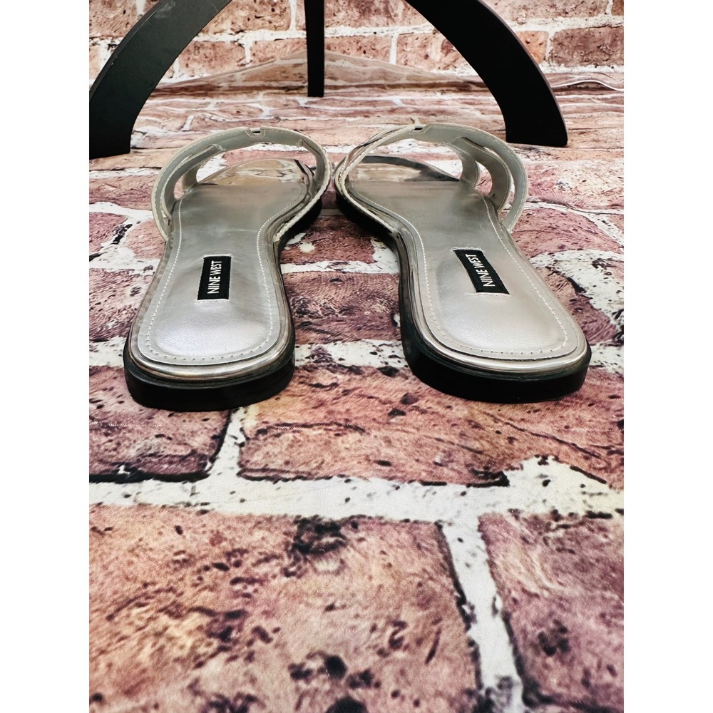 Nine West Womens Metallic Silver Slide Sandals Square Toe Flat H-Strap Mirror - Picture 5 of 13